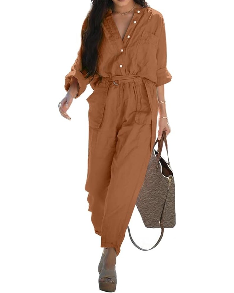 Women's Sexy Jumpsuits Deep V Neck Long Sleeve Button Belted Drawstring Waist Romper with Pocket Orange $25.70 Jumpsuits