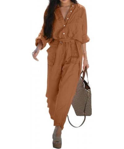 Women's Sexy Jumpsuits Deep V Neck Long Sleeve Button Belted Drawstring Waist Romper with Pocket Orange $25.70 Jumpsuits