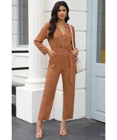 Women's Sexy Jumpsuits Deep V Neck Long Sleeve Button Belted Drawstring Waist Romper with Pocket Orange $25.70 Jumpsuits