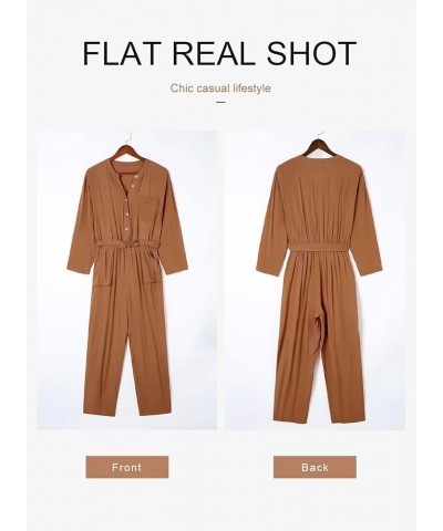 Women's Sexy Jumpsuits Deep V Neck Long Sleeve Button Belted Drawstring Waist Romper with Pocket Orange $25.70 Jumpsuits