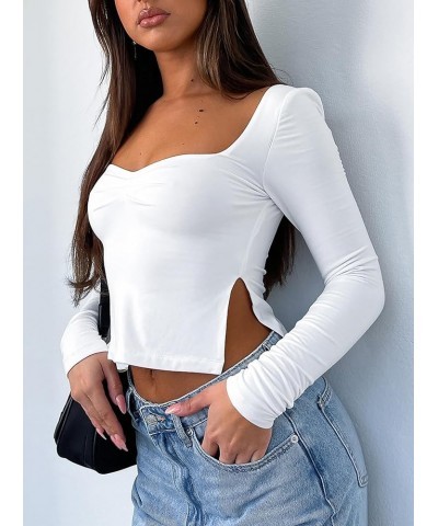 Women's Off The Shoulder Halter Self Tie Ribbed Knit Long Sleeve Going Out Tops T Shirts White-1 $10.00 Tops