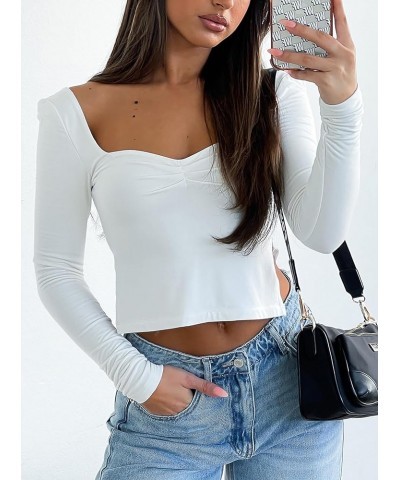 Women's Off The Shoulder Halter Self Tie Ribbed Knit Long Sleeve Going Out Tops T Shirts White-1 $10.00 Tops