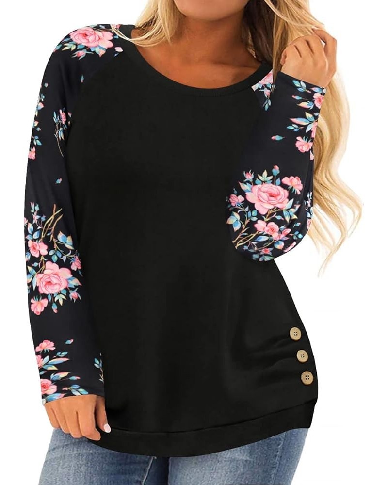 Womens Plus Size Henley Tops Long Sleeve Shirts Crewneck Button Up Blouse Pullover XL-5X 01-floral Black $10.00 Tops