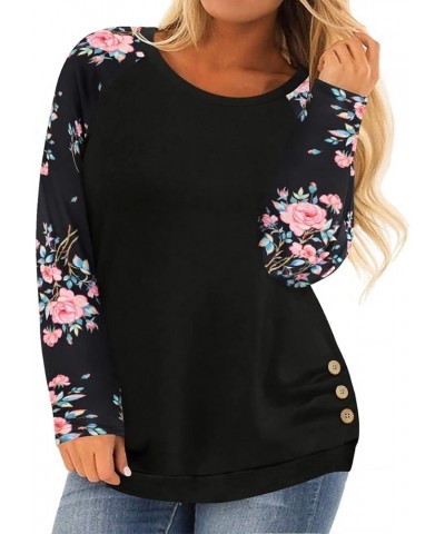 Womens Plus Size Henley Tops Long Sleeve Shirts Crewneck Button Up Blouse Pullover XL-5X 01-floral Black $10.00 Tops