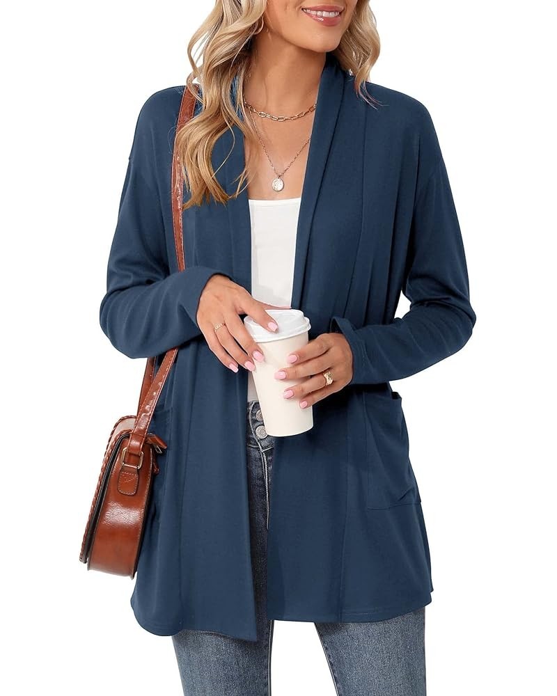 Women's Long Sleeve Open Front Cardigan Casual Loose Lightweight Cardigans with Pockets Navy Blue $15.64 Sweaters