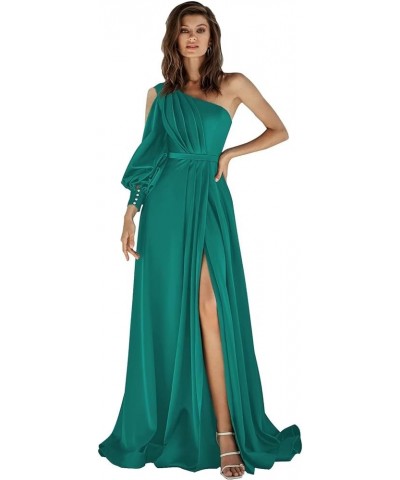 One Shoulder Long Sleeve Satin Prom Dresses with Slit Ball Gown Formal Gowns Turquoise $34.79 Dresses