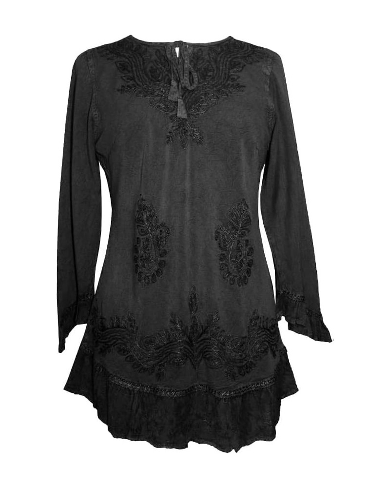 Women's 3/4 Sleeve Ruffle Embroidered Rope Tie Gypsy Medieval Tunic Kurta Blouse Black $22.48 Blouses