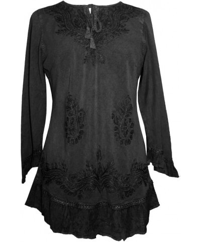 Women's 3/4 Sleeve Ruffle Embroidered Rope Tie Gypsy Medieval Tunic Kurta Blouse Black $22.48 Blouses