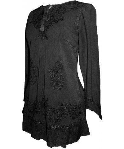 Women's 3/4 Sleeve Ruffle Embroidered Rope Tie Gypsy Medieval Tunic Kurta Blouse Black $22.48 Blouses