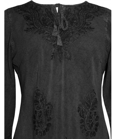 Women's 3/4 Sleeve Ruffle Embroidered Rope Tie Gypsy Medieval Tunic Kurta Blouse Black $22.48 Blouses