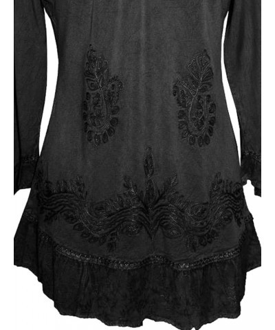 Women's 3/4 Sleeve Ruffle Embroidered Rope Tie Gypsy Medieval Tunic Kurta Blouse Black $22.48 Blouses