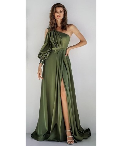 One Shoulder Long Sleeve Satin Prom Dresses with Slit Ball Gown Formal Gowns Turquoise $34.79 Dresses