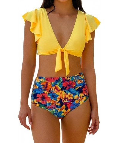 Ruffle High Waisted Bikini Sets for Women Tummy Control Swimsuit Two Piece Coverage Bathing Suit Tie Knot Tankini Yellow Swim...