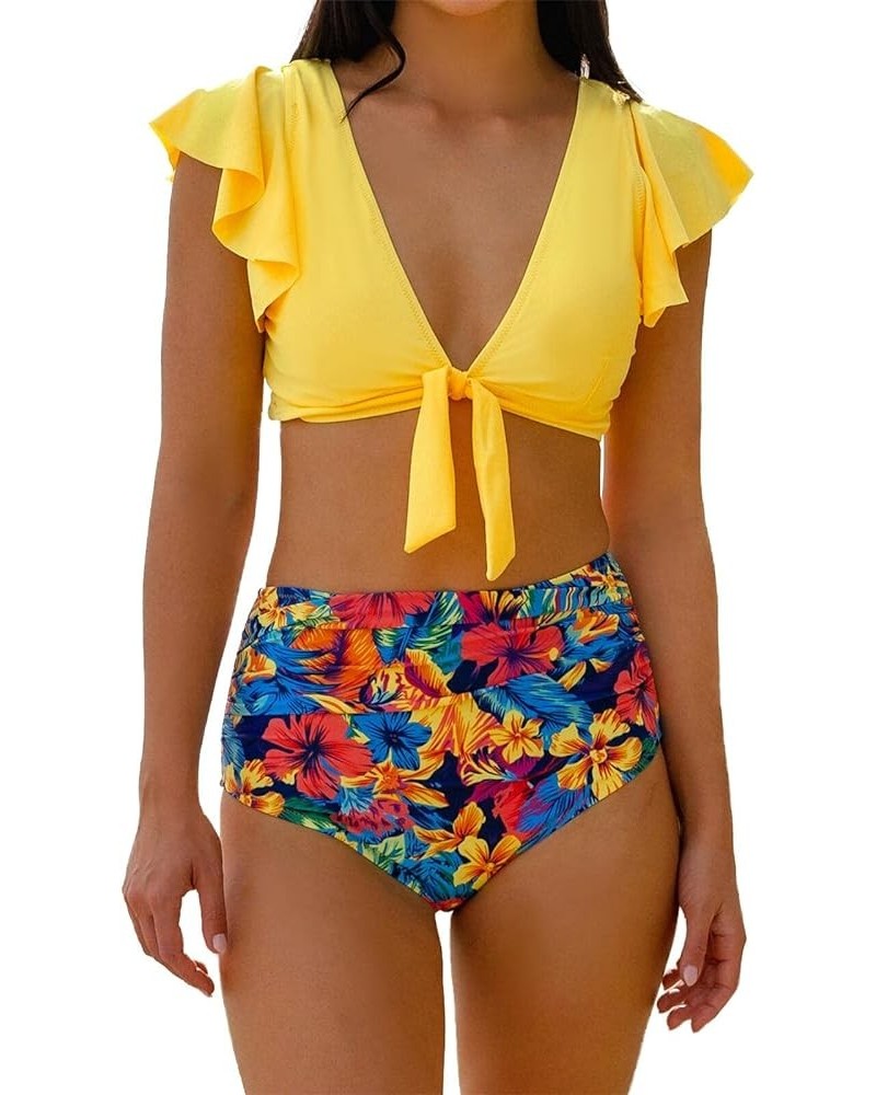 Ruffle High Waisted Bikini Sets for Women Tummy Control Swimsuit Two Piece Coverage Bathing Suit Tie Knot Tankini Yellow Swim...