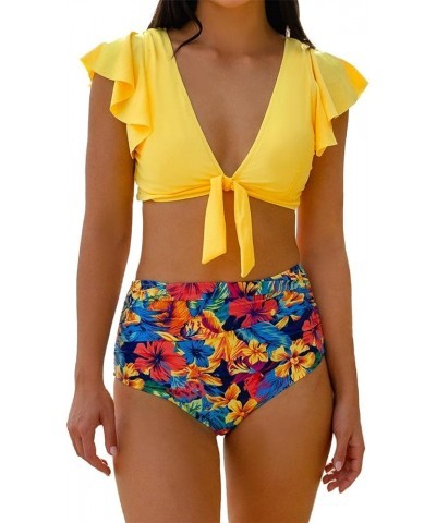 Ruffle High Waisted Bikini Sets for Women Tummy Control Swimsuit Two Piece Coverage Bathing Suit Tie Knot Tankini Yellow Swim...