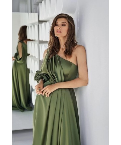 One Shoulder Long Sleeve Satin Prom Dresses with Slit Ball Gown Formal Gowns Turquoise $34.79 Dresses