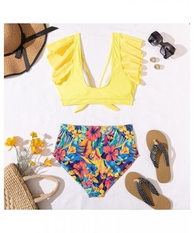 Ruffle High Waisted Bikini Sets for Women Tummy Control Swimsuit Two Piece Coverage Bathing Suit Tie Knot Tankini Yellow Swim...