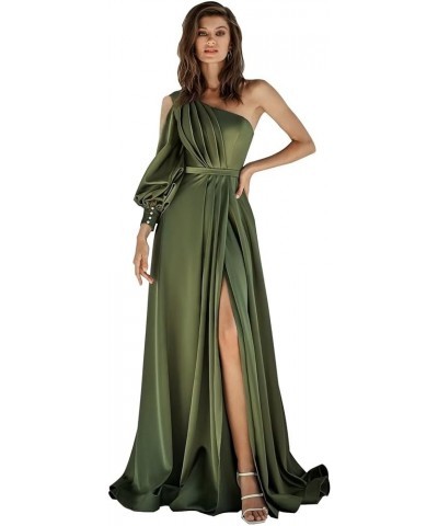 One Shoulder Long Sleeve Satin Prom Dresses with Slit Ball Gown Formal Gowns Turquoise $34.79 Dresses