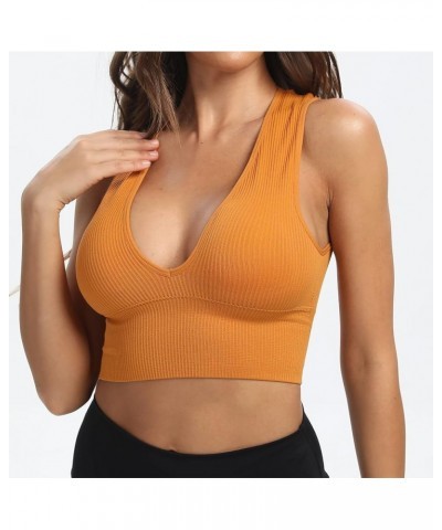 Women's Sexy Sleeveless Seamless Crop Top Deep Plunge V Neck Ribbed Tank Top with Removable Pads Brown $10.59 Tanks