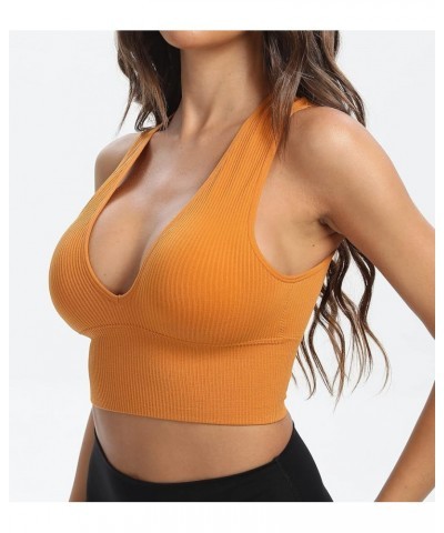 Women's Sexy Sleeveless Seamless Crop Top Deep Plunge V Neck Ribbed Tank Top with Removable Pads Brown $10.59 Tanks