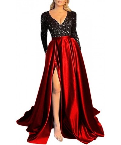 V Neck Sequin Long Sleeve Prom Dresses for Women Ball Gown Satin High Split Maxi Formal Wedding Dress with Pockets Black Redd...