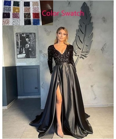 V Neck Sequin Long Sleeve Prom Dresses for Women Ball Gown Satin High Split Maxi Formal Wedding Dress with Pockets Black Redd...