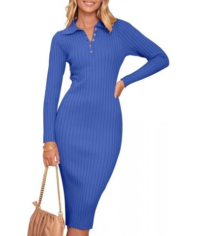 Womens 2023 V Neck Ribbed Sweater Dress Long Sleeve Bodycon Knit Midi Dresses Royal Blue $10.86 Sweaters