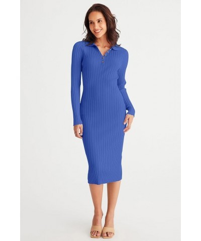 Womens 2023 V Neck Ribbed Sweater Dress Long Sleeve Bodycon Knit Midi Dresses Royal Blue $10.86 Sweaters