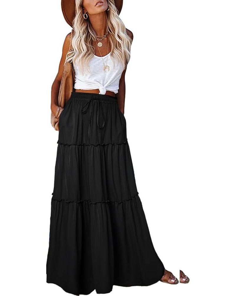 Women's 2024 Summer Skirt High Waist Flowy A Line Boho Skirt Maxi Skirt with Pockets Black $13.52 Skirts