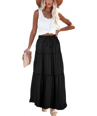 Women's 2024 Summer Skirt High Waist Flowy A Line Boho Skirt Maxi Skirt with Pockets Black $13.52 Skirts