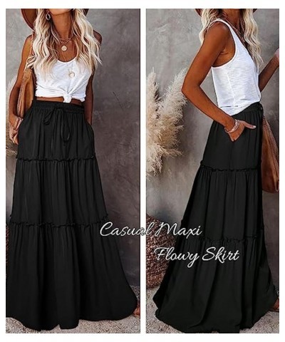 Women's 2024 Summer Skirt High Waist Flowy A Line Boho Skirt Maxi Skirt with Pockets Black $13.52 Skirts