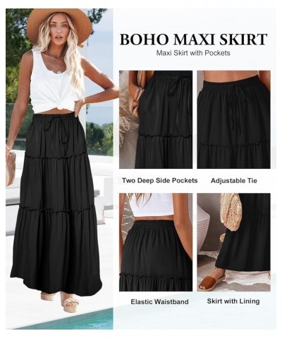 Women's 2024 Summer Skirt High Waist Flowy A Line Boho Skirt Maxi Skirt with Pockets Black $13.52 Skirts