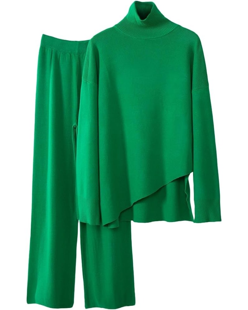 Chipany Women's 2 Piece Lounge Set Knit Asymmetrical Hem Sweater and Wide Leg Pants Green $20.80 Activewear