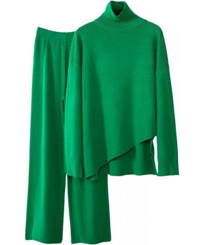 Chipany Women's 2 Piece Lounge Set Knit Asymmetrical Hem Sweater and Wide Leg Pants Green $20.80 Activewear