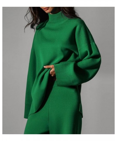 Chipany Women's 2 Piece Lounge Set Knit Asymmetrical Hem Sweater and Wide Leg Pants Green $20.80 Activewear