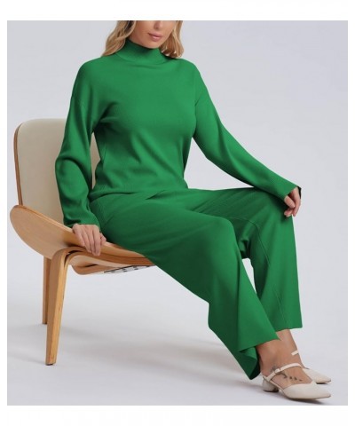 Chipany Women's 2 Piece Lounge Set Knit Asymmetrical Hem Sweater and Wide Leg Pants Green $20.80 Activewear