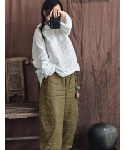 Womens Long Sleeve Linen Peasant Tops High Low Mock Turtleneck Handmade Stitch Casual Loose Shirts White $28.04 Blouses