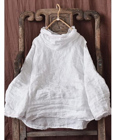 Womens Long Sleeve Linen Peasant Tops High Low Mock Turtleneck Handmade Stitch Casual Loose Shirts White $28.04 Blouses