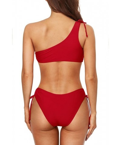 Women Two Piece Halter Padded Bikini Swimsuits Keyhole Cutout Swimwear One Shoulder Red $20.29 Swimsuits