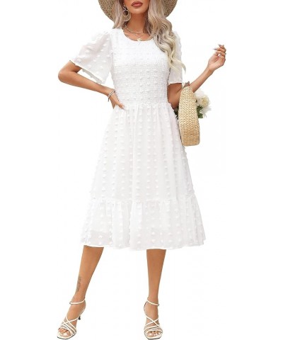 Women 2023 Summer Dress Round Neck Smocked Flutter Short Sleeve Swiss Dot Casual Midi Dress Swing Flowy Ruffle Beach Dress Sw...