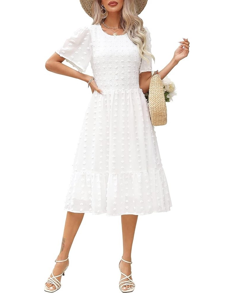 Women 2023 Summer Dress Round Neck Smocked Flutter Short Sleeve Swiss Dot Casual Midi Dress Swing Flowy Ruffle Beach Dress Sw...