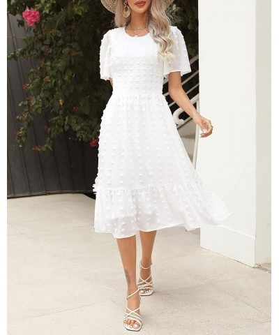 Women 2023 Summer Dress Round Neck Smocked Flutter Short Sleeve Swiss Dot Casual Midi Dress Swing Flowy Ruffle Beach Dress Sw...