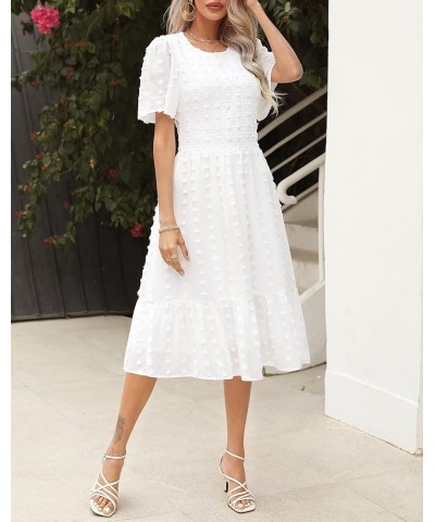 Women 2023 Summer Dress Round Neck Smocked Flutter Short Sleeve Swiss Dot Casual Midi Dress Swing Flowy Ruffle Beach Dress Sw...