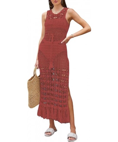 Crochet Cover Ups for Swimwear Women Sleeveless Knit Beach Dress Open Back Bathing Suit Coverup Rust Red $14.28 Swimsuits