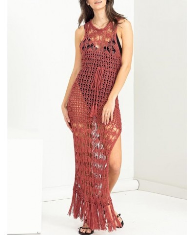 Crochet Cover Ups for Swimwear Women Sleeveless Knit Beach Dress Open Back Bathing Suit Coverup Rust Red $14.28 Swimsuits