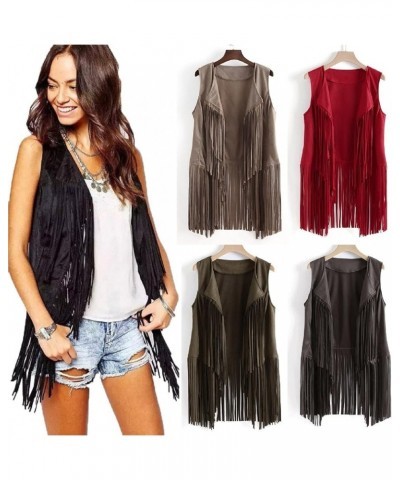 Women Tassels Fringed Vest Cardigan Suede Ethnic Sweater Vest Fall Winter Coats Solid Vest Jacket Sleeveless Outerwear Green ...