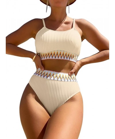 Ribbed Contrast High Waisted Tummy Control Bikini Set Spandex Swimsuit 2 Piece Beige $18.86 Swimsuits