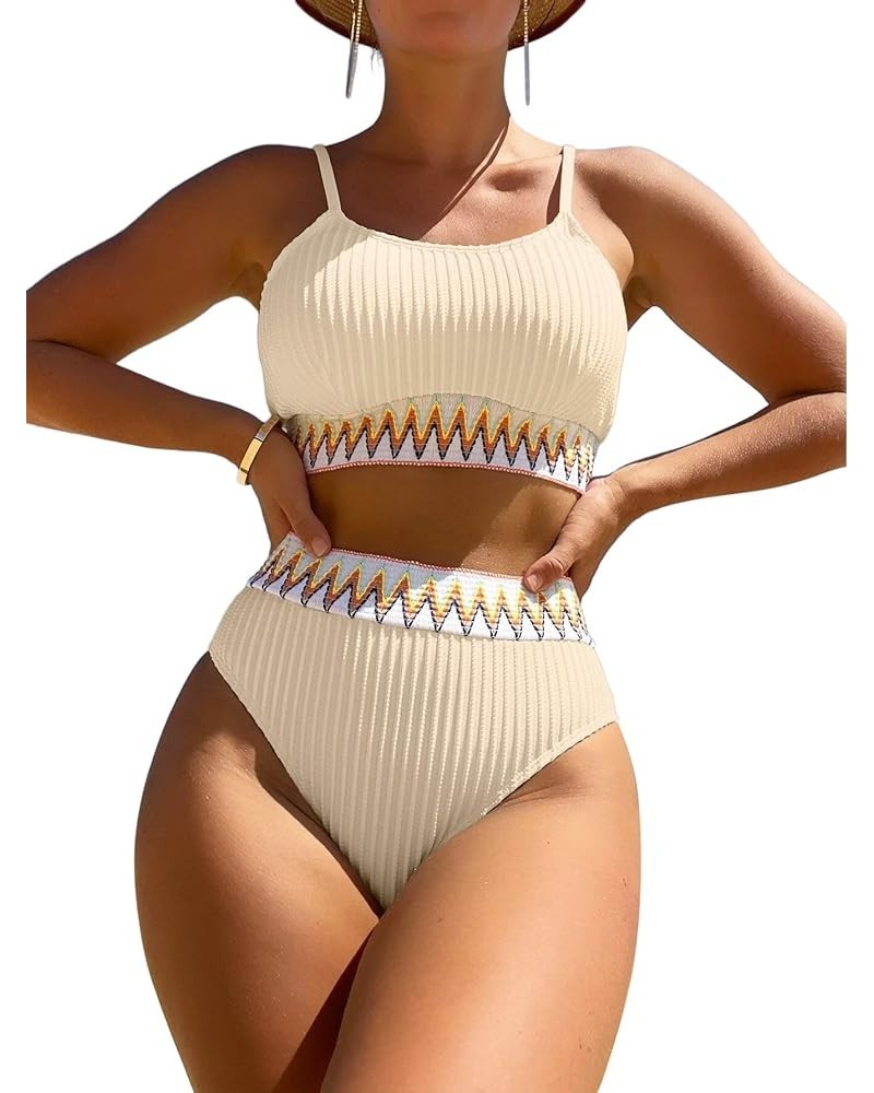 Ribbed Contrast High Waisted Tummy Control Bikini Set Spandex Swimsuit 2 Piece Beige $18.86 Swimsuits