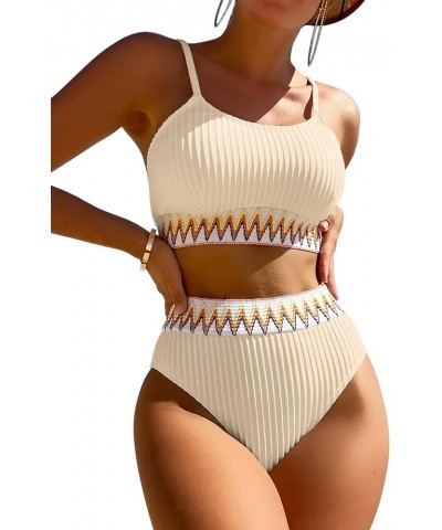 Ribbed Contrast High Waisted Tummy Control Bikini Set Spandex Swimsuit 2 Piece Beige $18.86 Swimsuits