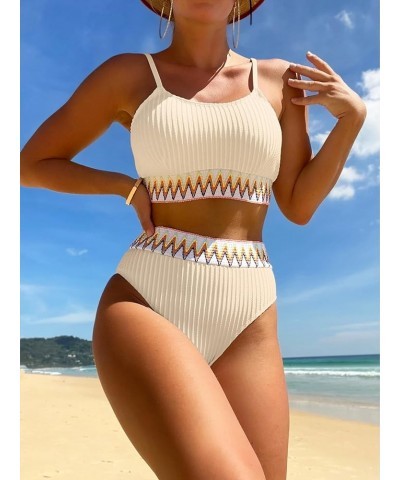 Ribbed Contrast High Waisted Tummy Control Bikini Set Spandex Swimsuit 2 Piece Beige $18.86 Swimsuits